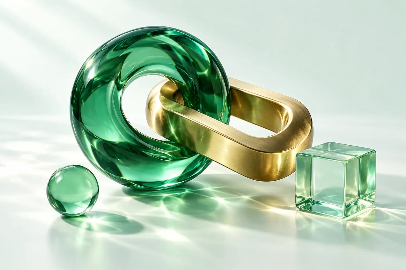 Interconnected emerald glass and gold sculptures representing connected financial technology