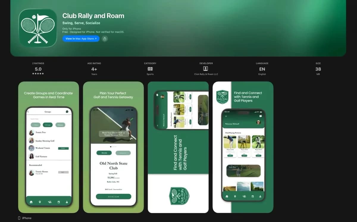 Club Rally & Roam Sports Networking & Booking App interface