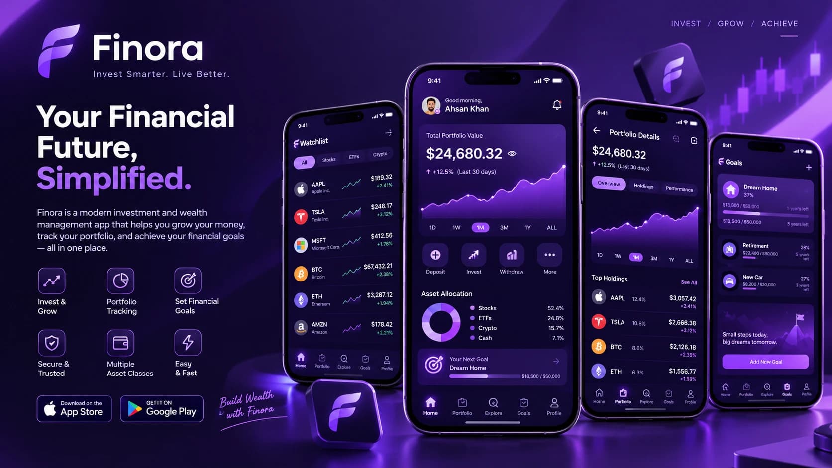 Finora Investment & Wealth Management App interface